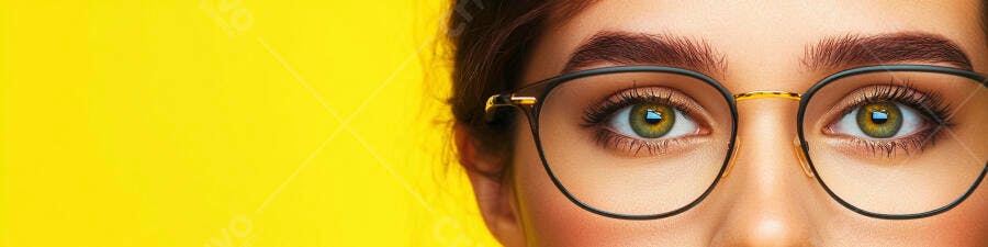 Olhos femininos com óculos fundo amarelo