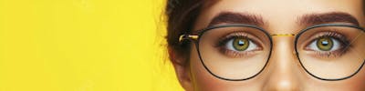 Close-up do Rosto de uma Mulher de Óculos com Fundo Amarelo e Copy Space