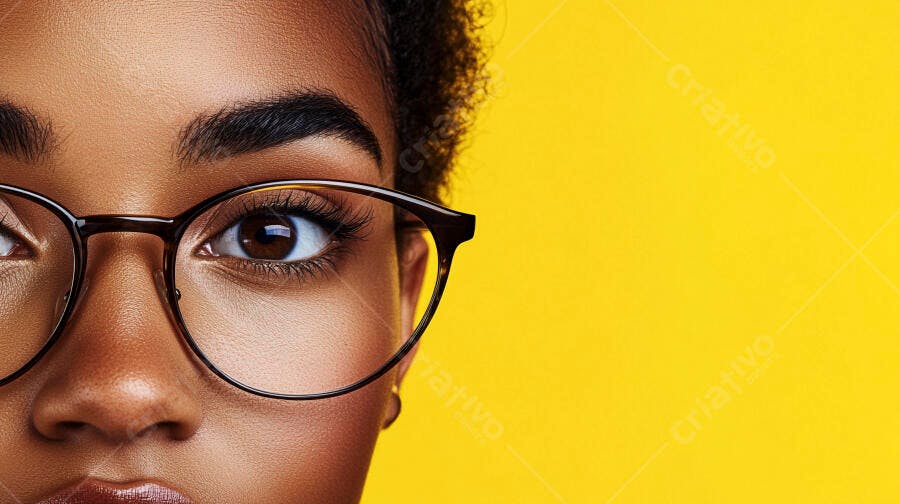 Olhos castanhos com óculos fundo amarelo