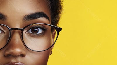 Close-up do Rosto de uma Mulher de Óculos com Fundo Amarelo e Copy Space
