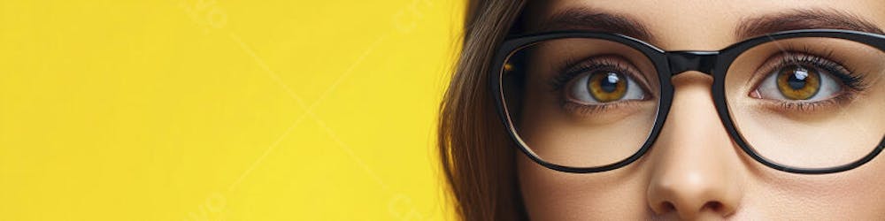 Close-up do Rosto de uma Mulher de Óculos com Fundo Amarelo e Copy Space