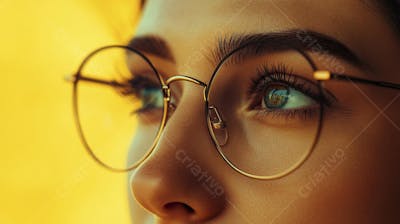 Close-up do Rosto de uma Mulher de Óculos com Fundo Amarelo e Copy Space