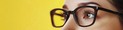 Close-up do Rosto de uma Mulher de Óculos com Fundo Amarelo e Copy Space