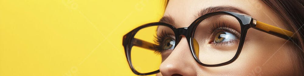 Close-up do Rosto de uma Mulher de Óculos com Fundo Amarelo e Copy Space