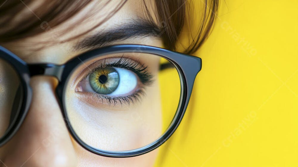 Close-up do Rosto de uma Mulher de Óculos com Fundo Amarelo e Copy Space