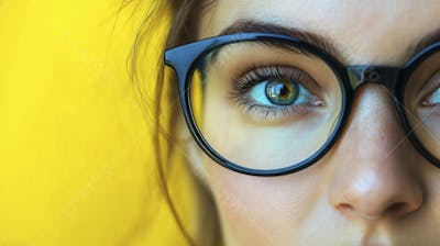 Close-up do Rosto de uma Mulher de Óculos com Fundo Amarelo e Copy Space