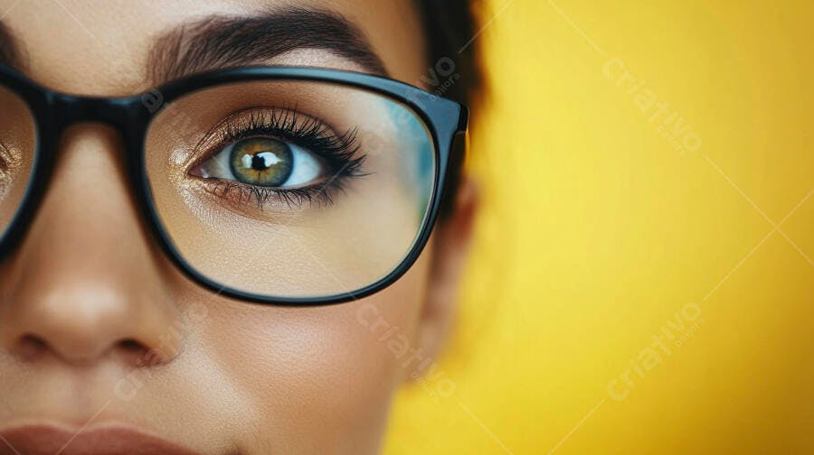 Olhos castanhos com óculos fundo amarelo