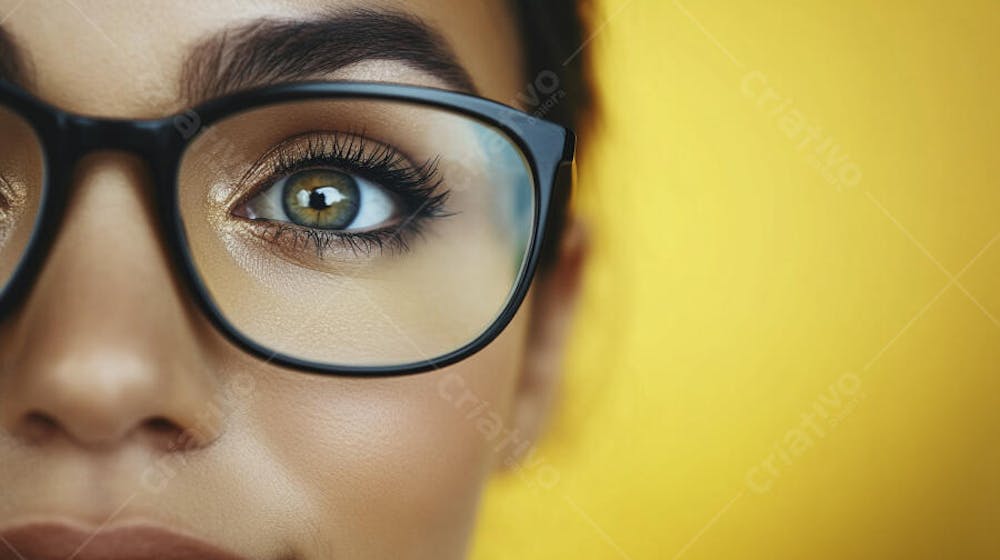 Close-up do Rosto de uma Mulher de Óculos com Fundo Amarelo e Copy Space