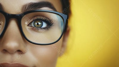Close-up do Rosto de uma Mulher de Óculos com Fundo Amarelo e Copy Space
