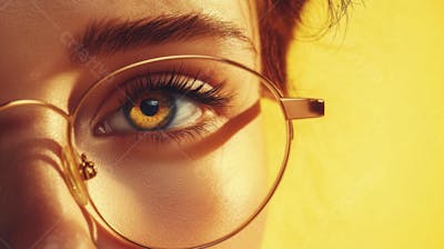 Close-up do Rosto de uma Mulher de Óculos com Fundo Amarelo e Copy Space