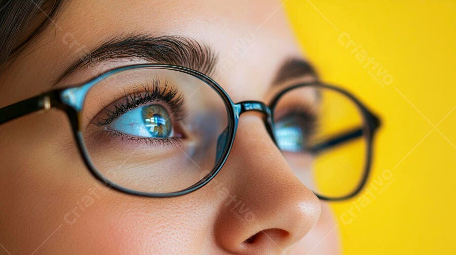 Olhos azuis com óculos fundo amarelo