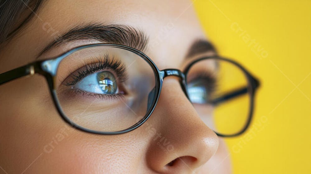 Close-up do Rosto de uma Mulher de Óculos com Fundo Amarelo e Copy Space