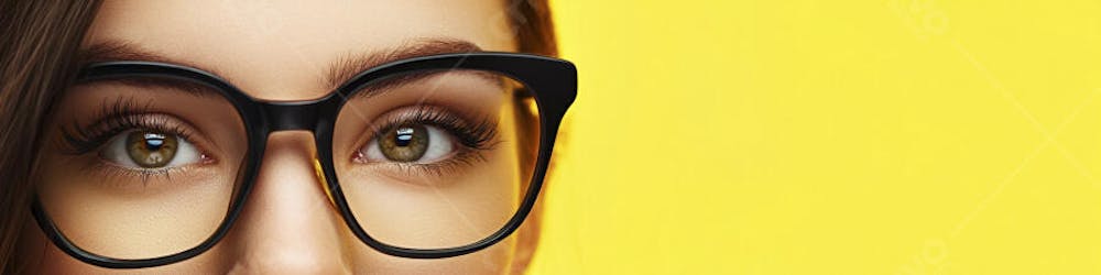 Close-up do Rosto de uma Mulher de Óculos com Fundo Amarelo e Copy Space