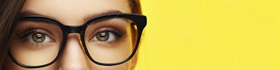 Close-up do Rosto de uma Mulher de Óculos com Fundo Amarelo e Copy Space