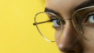 Close-up do Rosto de uma Mulher de Óculos com Fundo Amarelo e Copy Space