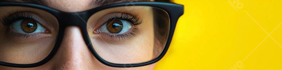 Olhos castanhos com óculos escuros fundo amarelo