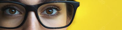 Close-up do Rosto de uma Mulher de Óculos com Fundo Amarelo e Copy Space