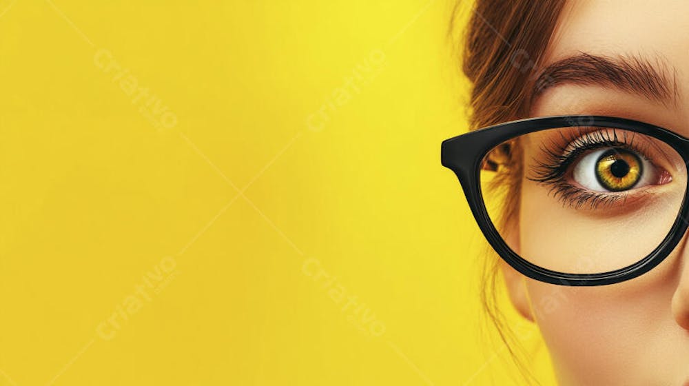 Close-up do Rosto de uma Mulher de Óculos com Fundo Amarelo e Copy Space
