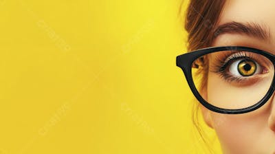 Close-up do Rosto de uma Mulher de Óculos com Fundo Amarelo e Copy Space