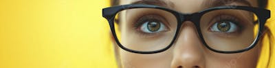 Close-up do Rosto de uma Mulher de Óculos com Fundo Amarelo e Copy Space