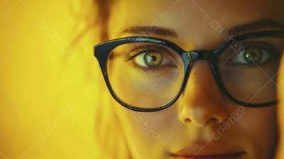 Close-up do Rosto de uma Mulher de Óculos com Fundo Amarelo e Copy Space