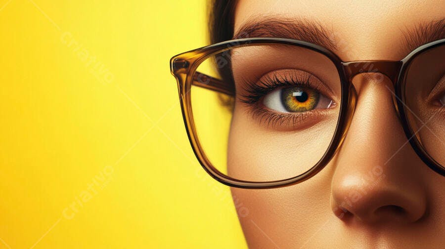 Olhos castanhos com óculos fundo amarelo