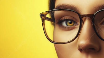 Close-up do Rosto de uma Mulher de Óculos com Fundo Amarelo e Copy Space