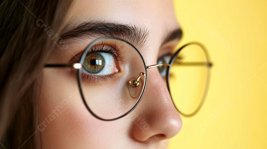 Olhos verdes com óculos redondos fundo amarelo