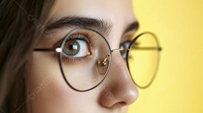 Close-up do Rosto de uma Mulher de Óculos com Fundo Amarelo e Copy Space