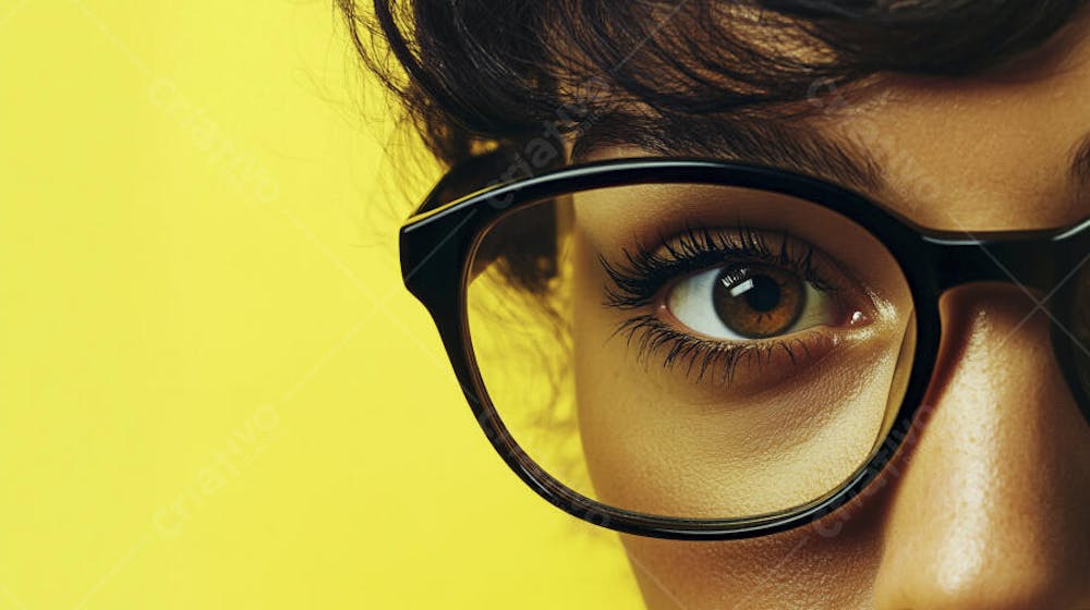 Close-up do Rosto de uma Mulher de Óculos com Fundo Amarelo e Copy Space