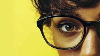 Close-up do Rosto de uma Mulher de Óculos com Fundo Amarelo e Copy Space
