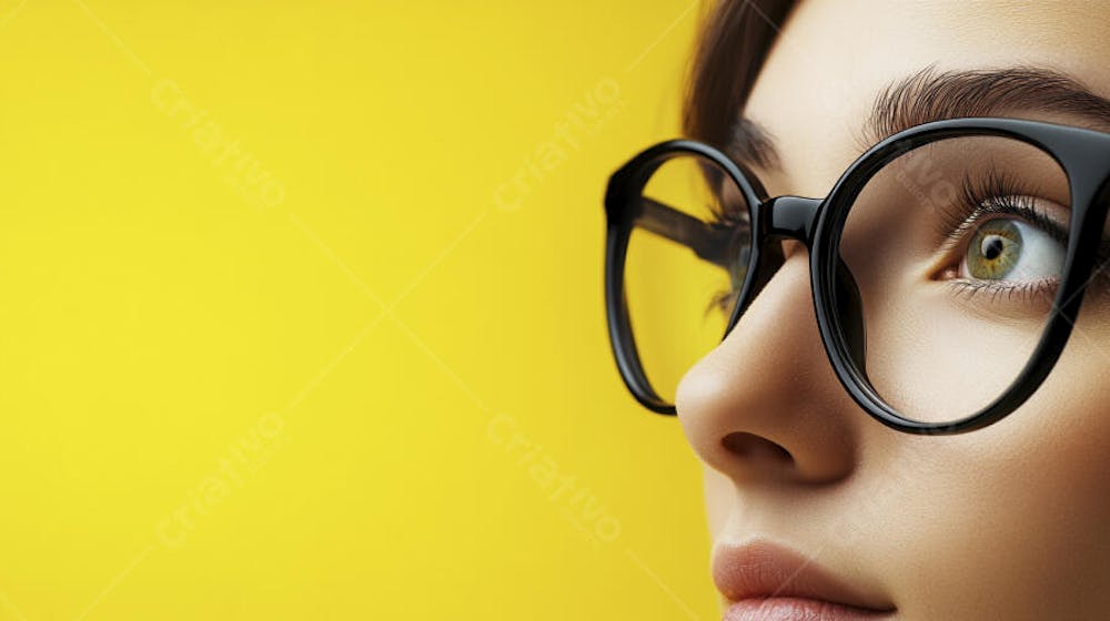 Close-up do Rosto de uma Mulher de Óculos com Fundo Amarelo e Copy Space