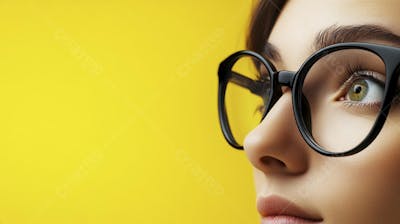 Close-up do Rosto de uma Mulher de Óculos com Fundo Amarelo e Copy Space