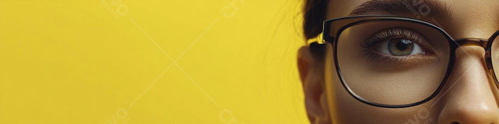 Close-up do Rosto de uma Mulher de Óculos com Fundo Amarelo e Copy Space