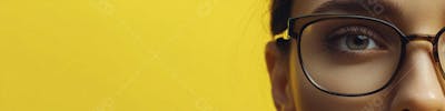 Close-up do Rosto de uma Mulher de Óculos com Fundo Amarelo e Copy Space