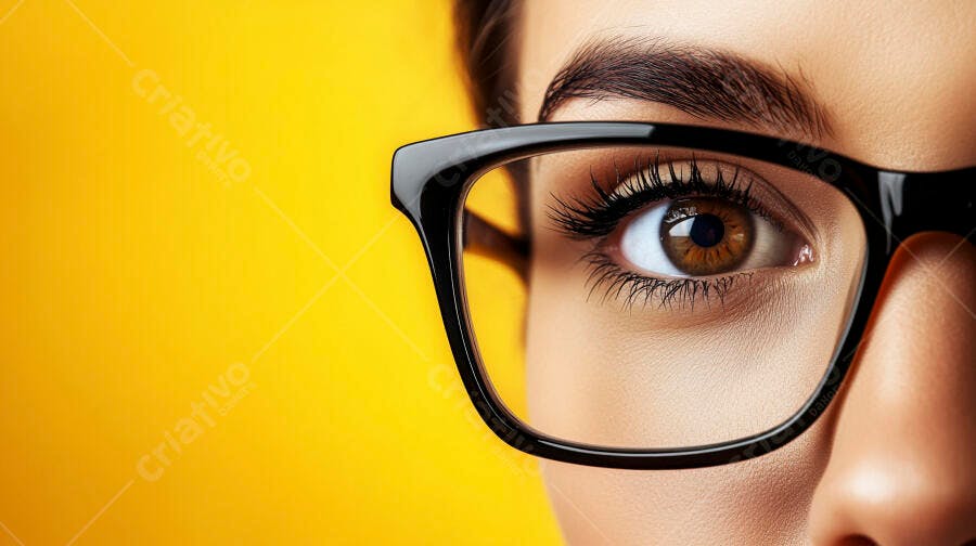 Olho feminino com óculos fundo amarelo