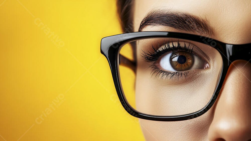 Close-up do Rosto de uma Mulher de Óculos com Fundo Amarelo e Copy Space