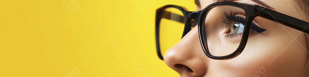Close-up do Rosto de uma Mulher de Óculos com Fundo Amarelo e Copy Space
