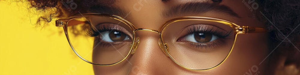 Close-up do Rosto de uma Mulher de Óculos com Fundo Amarelo e Copy Space