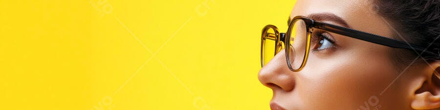 Mulher usando óculos fundo amarelo