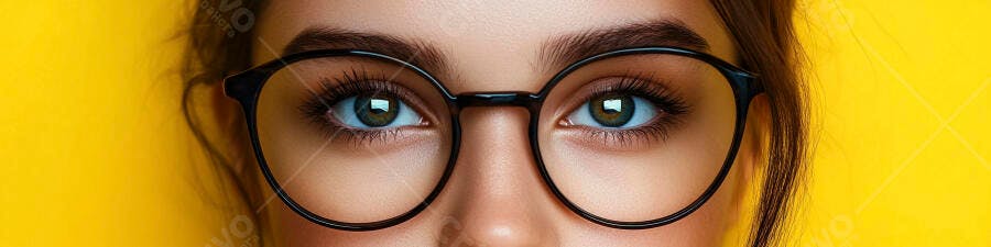 Olhos femininos com óculos fundo amarelo