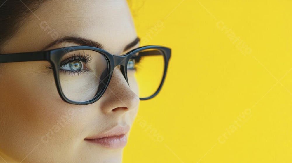 Close-up do Rosto de uma Mulher de Óculos com Fundo Amarelo e Copy Space