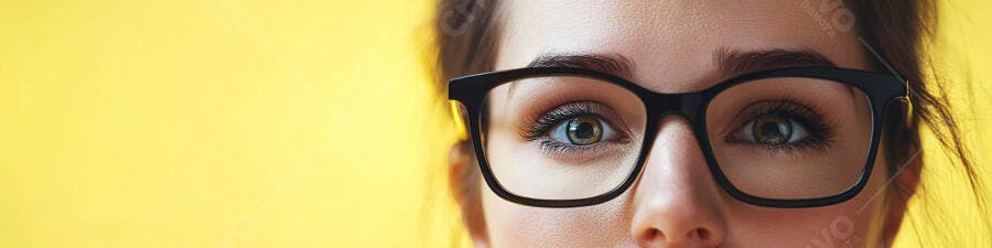 Olhos femininos com óculos fundo amarelo