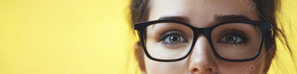 Close-up do Rosto de uma Mulher de Óculos com Fundo Amarelo e Copy Space