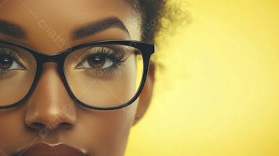 Close-up do Rosto de uma Mulher de Óculos com Fundo Amarelo e Copy Space