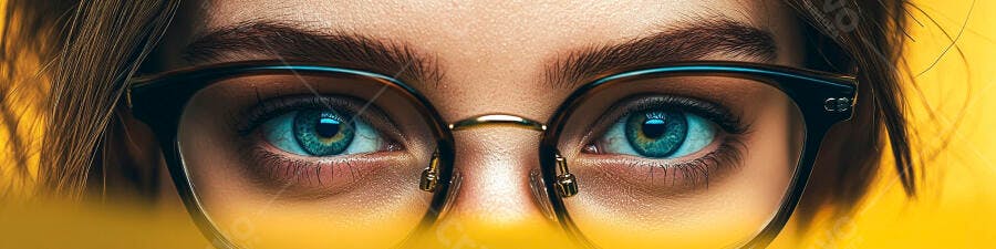 Olhos azuis com óculos fundo amarelo