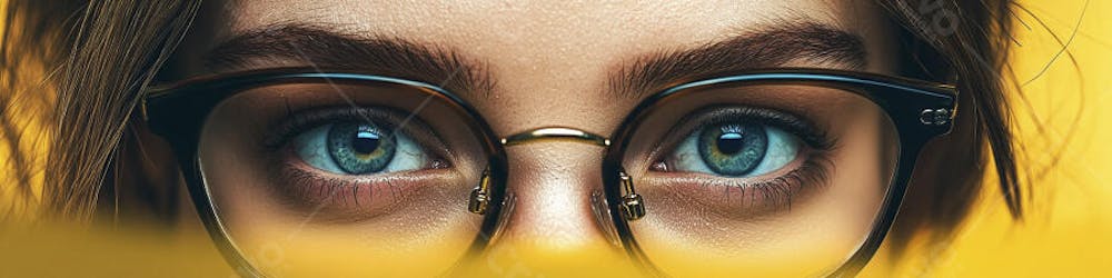 Close-up do Rosto de uma Mulher de Óculos com Fundo Amarelo e Copy Space
