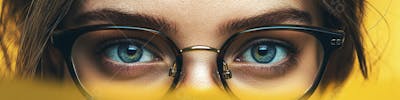 Close-up do Rosto de uma Mulher de Óculos com Fundo Amarelo e Copy Space