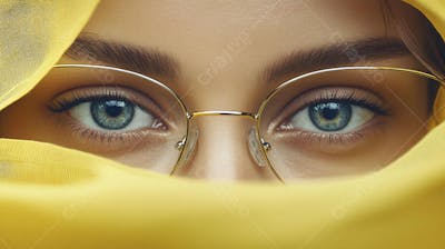 Close-up do Rosto de uma Mulher de Óculos com Fundo Amarelo e Copy Space
