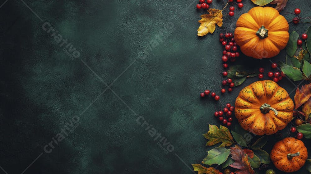 Decoração Outonal com Abóboras, Folhagens e Bagas Vermelhas sobre Fundo Verde com Copy Space